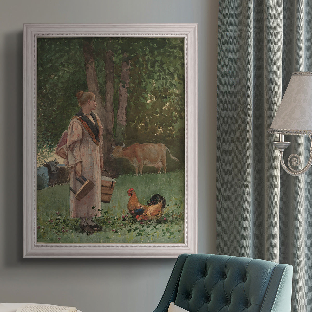 Realist genre scene of a milkmaid by Winslow Homer in an {frame_style_descriptor} displayed in a neutral interior setting.