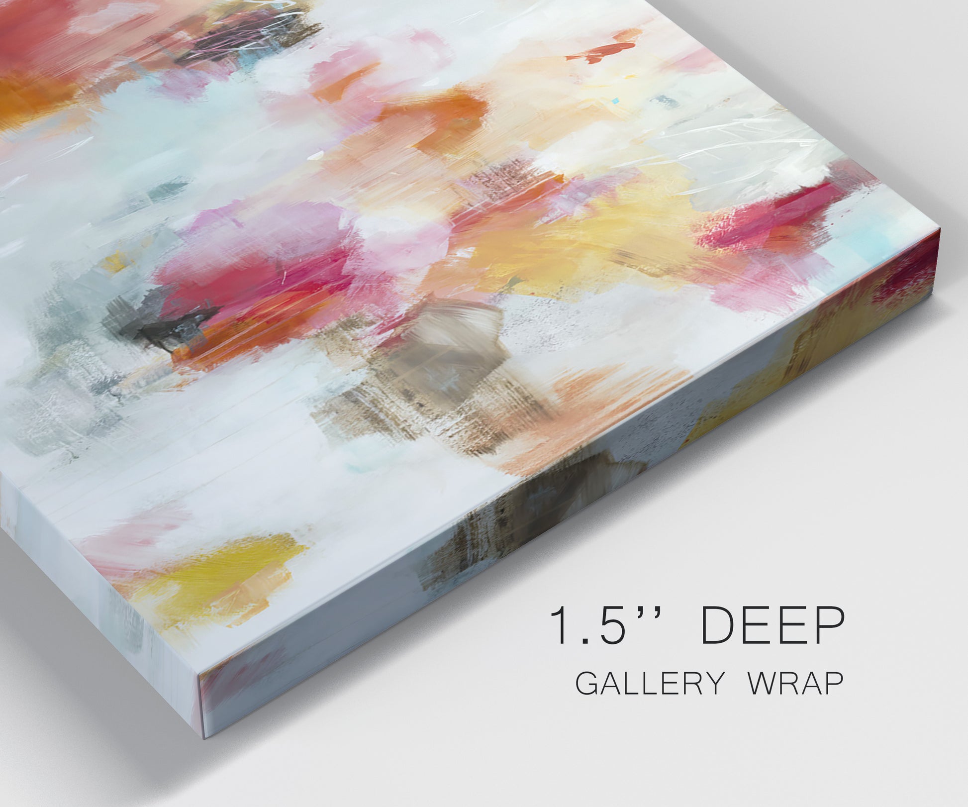 Close-up view of wrapped canvas corner featuring abstract directional visual shift.