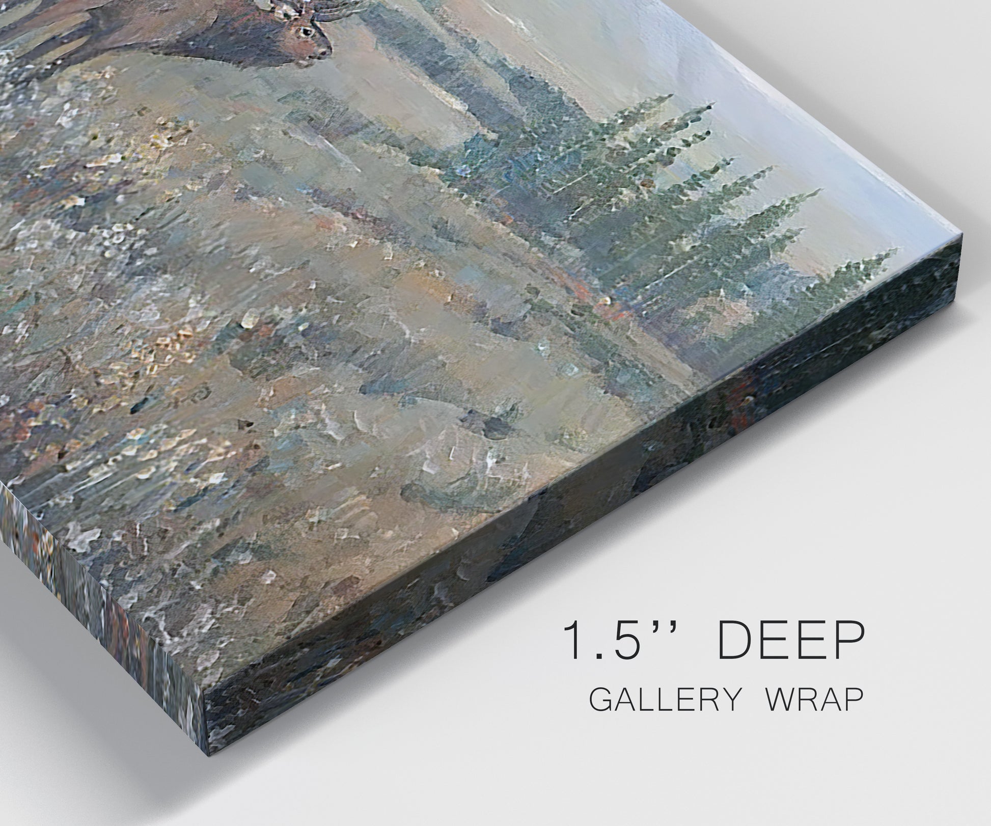 Close-up view of wrapped canvas corner featuring western wildlife grazing in open field.