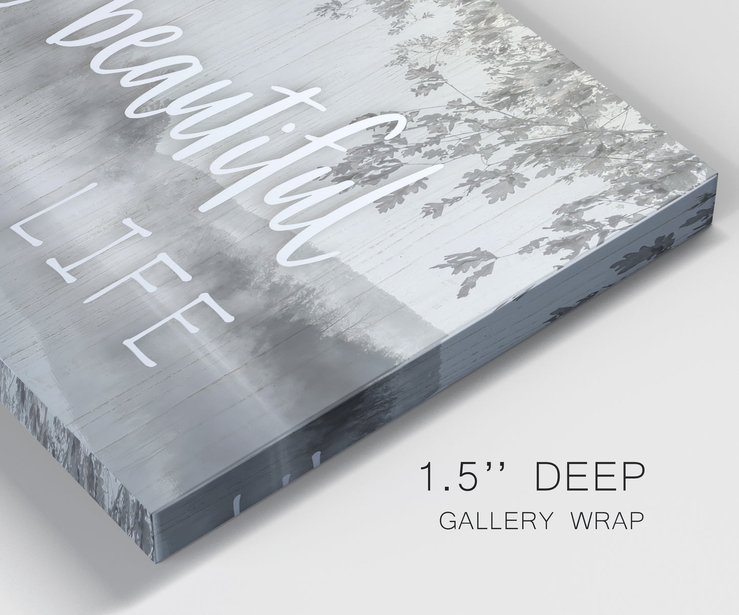 Close-up view of wrapped canvas corner featuring uplifting life themed typography.