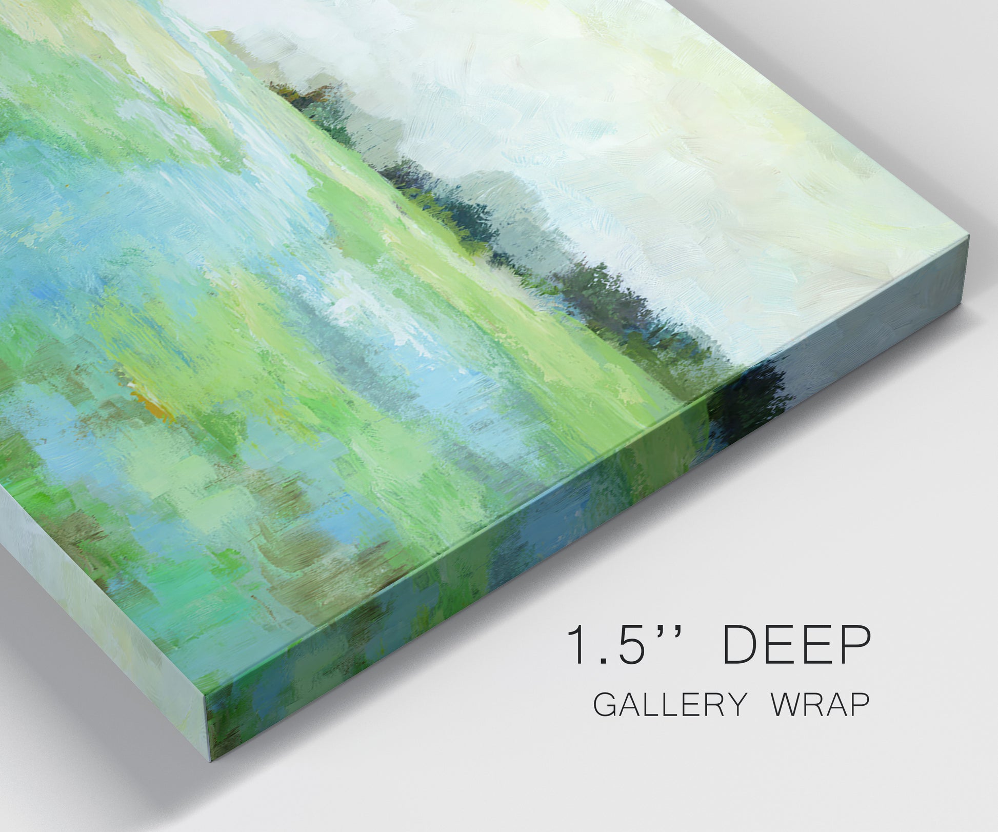 Close-up view of wrapped canvas corner featuring gentle stream winding through trees.