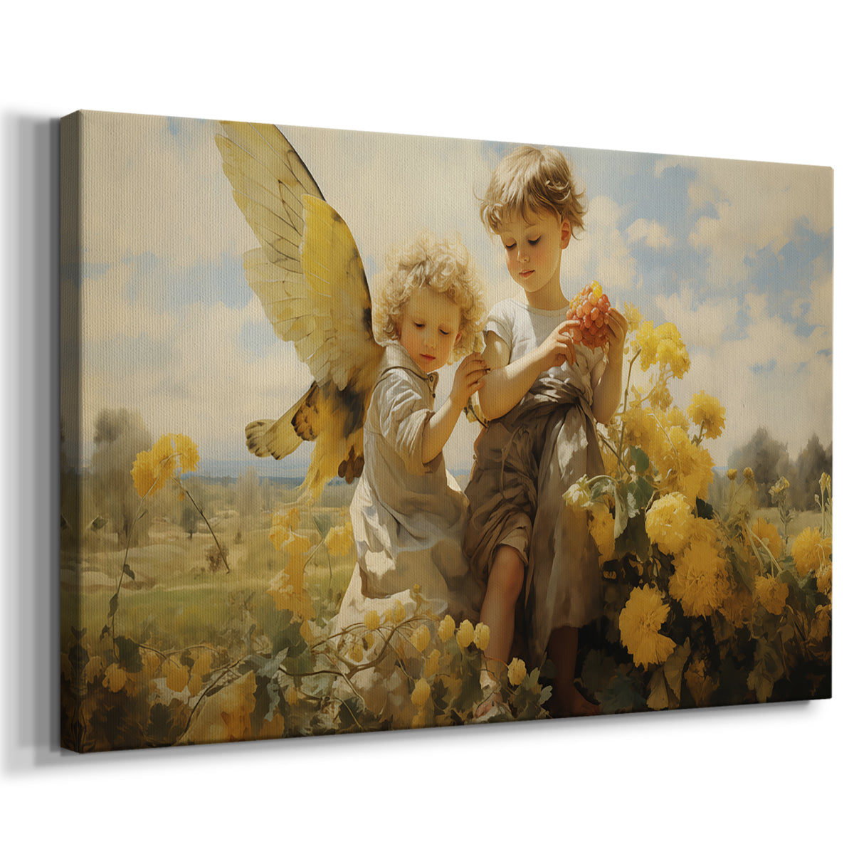 children,flowers,field,yellow,grapes,bird,nature,play,joy,exploration,whimsical,outdoor,happiness,summer,innocence,adventure,creativity,friendship,beauty,curiosity,landscape,environment,childhood,flora,fauna,earth,bloom,sunlight,day,magical,serenity,wonder,colors,petals,wings,laughter,light,harmony,togetherness,joyfulness,marvel