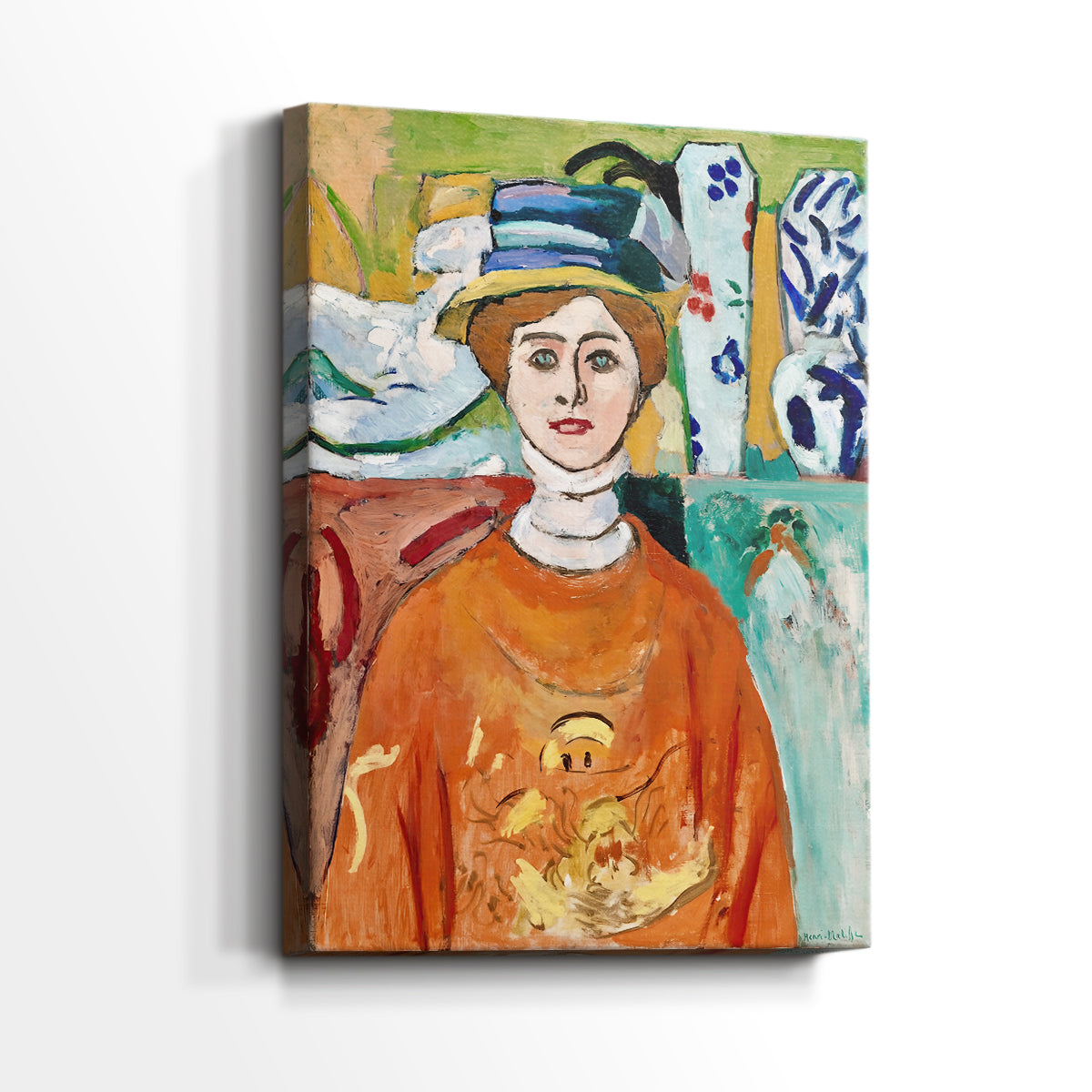 Side view of a canvas art print of a bright portrait with strong outlines and flat color, showing gallery-wrapped depth.