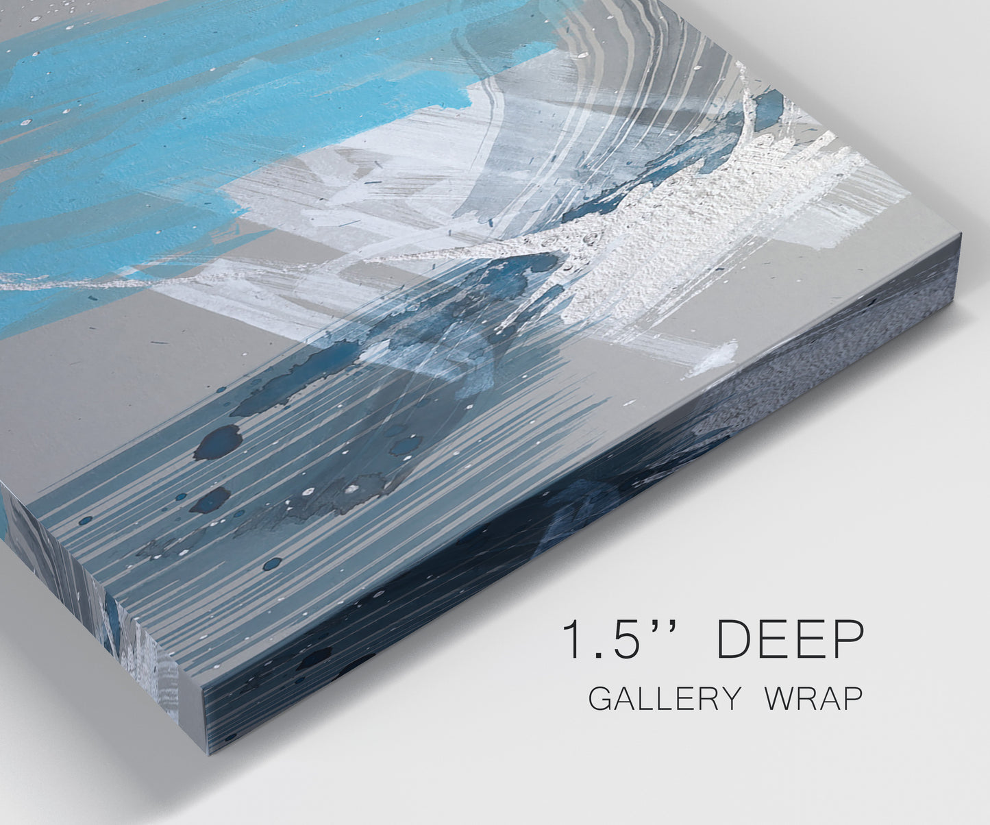Close-up view of wrapped canvas corner featuring playful abstract mark making.