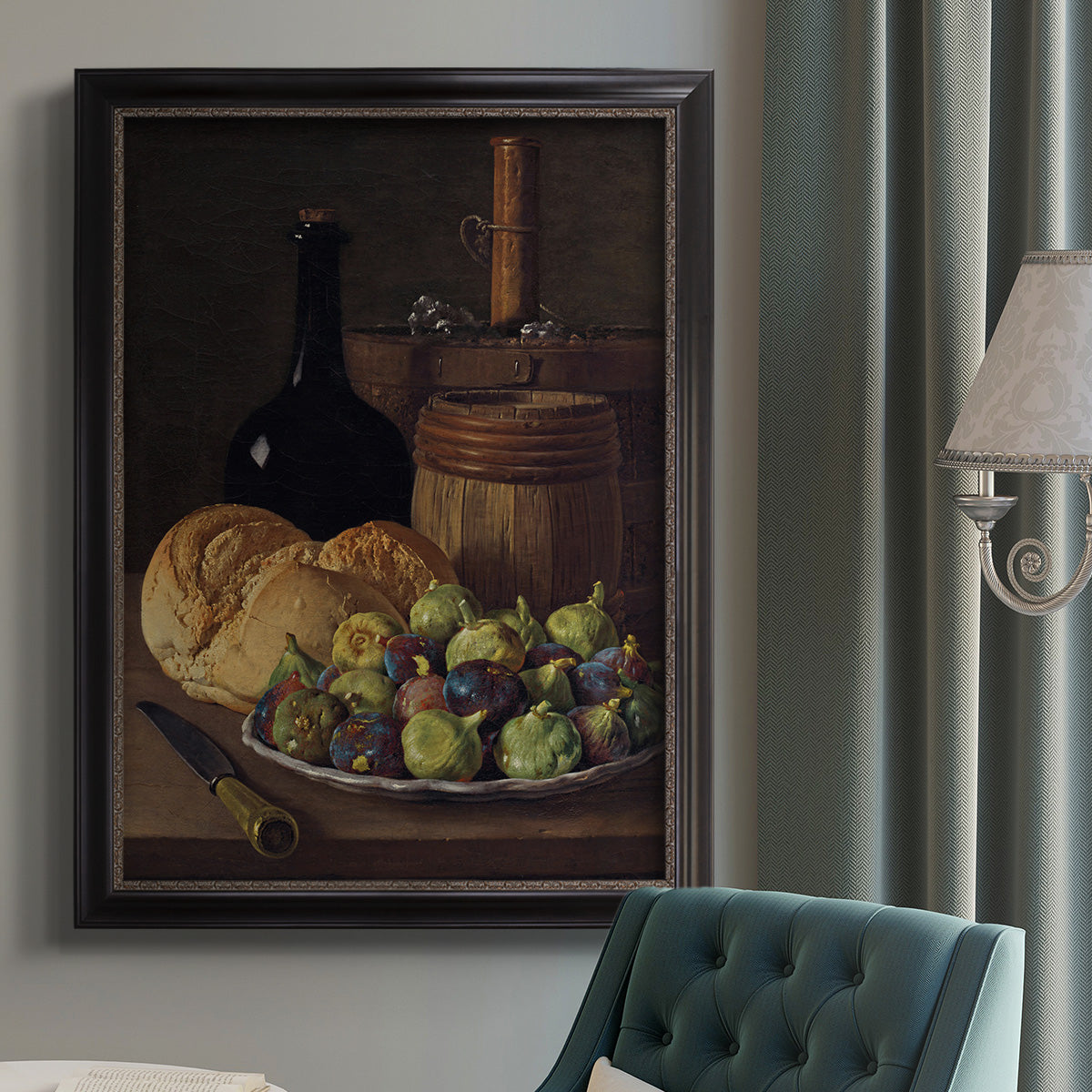 Realist still life with figs and bread by Luis Meléndez in an {frame_style_descriptor} displayed in a neutral interior setting.