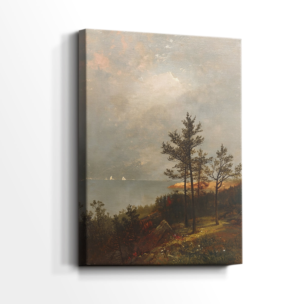 Side view of a canvas art print of a moody landscape with subtle light and distant horizon, showing gallery-wrapped depth.