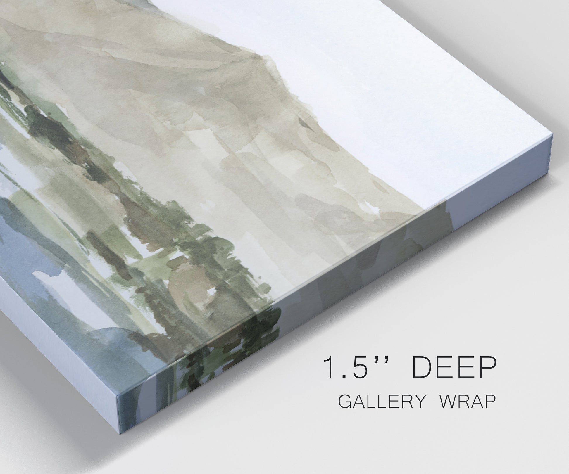 Close-up view of wrapped canvas corner featuring desert mountain landscape watercolor.