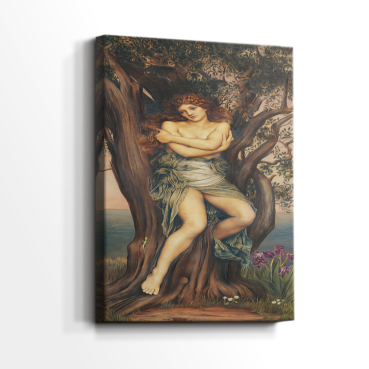 Side view of a canvas art print of a nature-inspired figure with soft lines and earthy tones, showing gallery-wrapped depth.