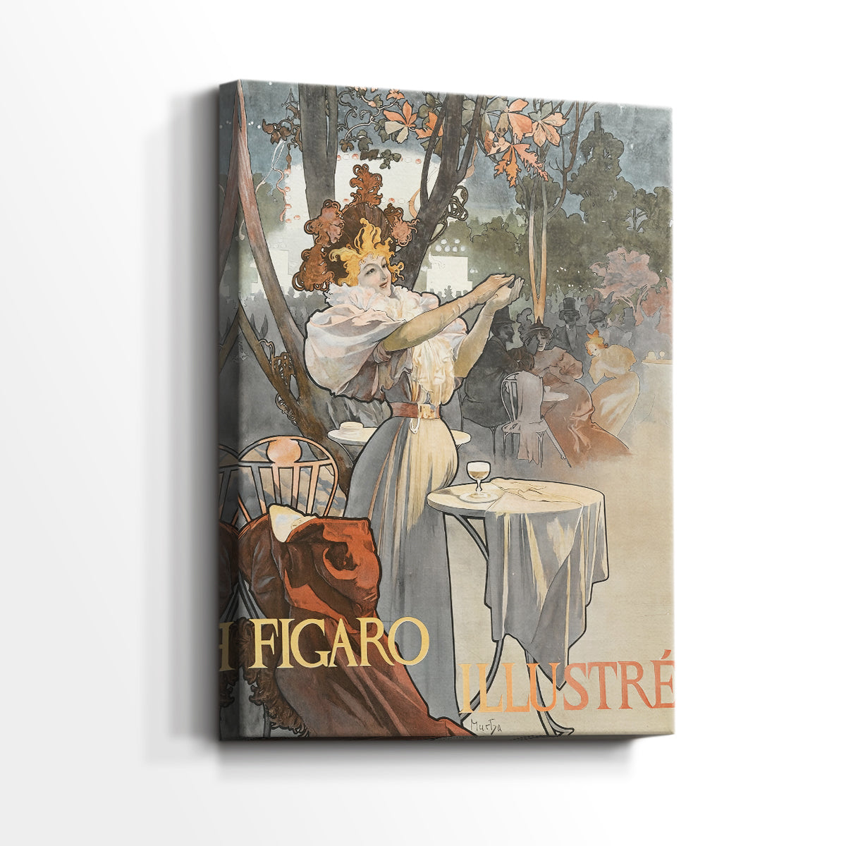 Side view of a canvas art print of a decorative poster with elegant lines and soft tones, showing gallery-wrapped depth.
