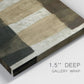Close-up view of wrapped canvas corner featuring textured abstract vessel forms.