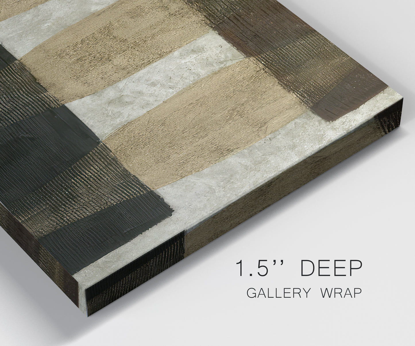 Close-up view of wrapped canvas corner featuring textured abstract vessel forms.