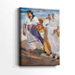 Side view of a canvas art print of a lively seaside scene with flowing garments and wind, showing gallery-wrapped depth.