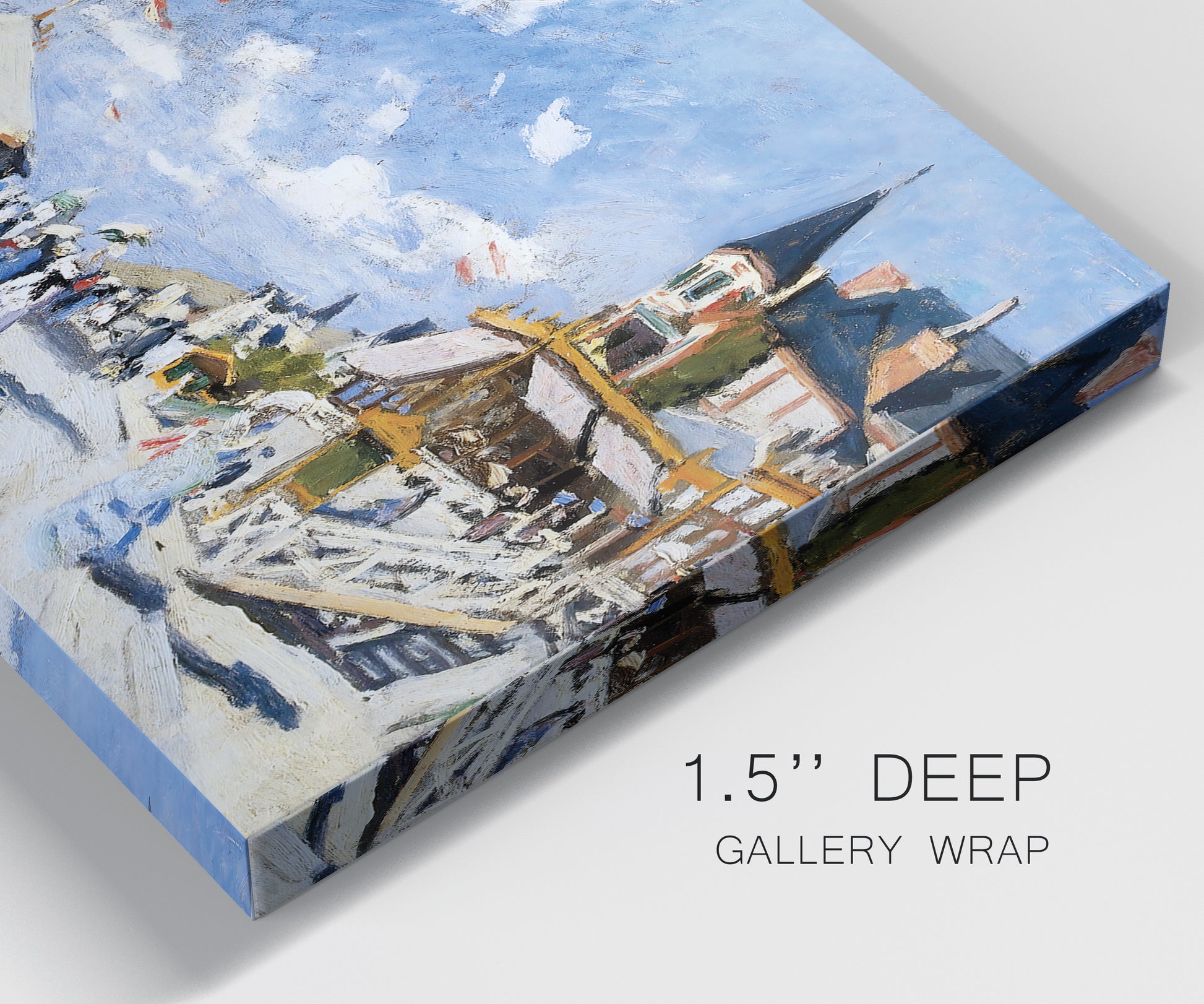 Close-up view of wrapped canvas corner featuring beach boardwalk with figures.