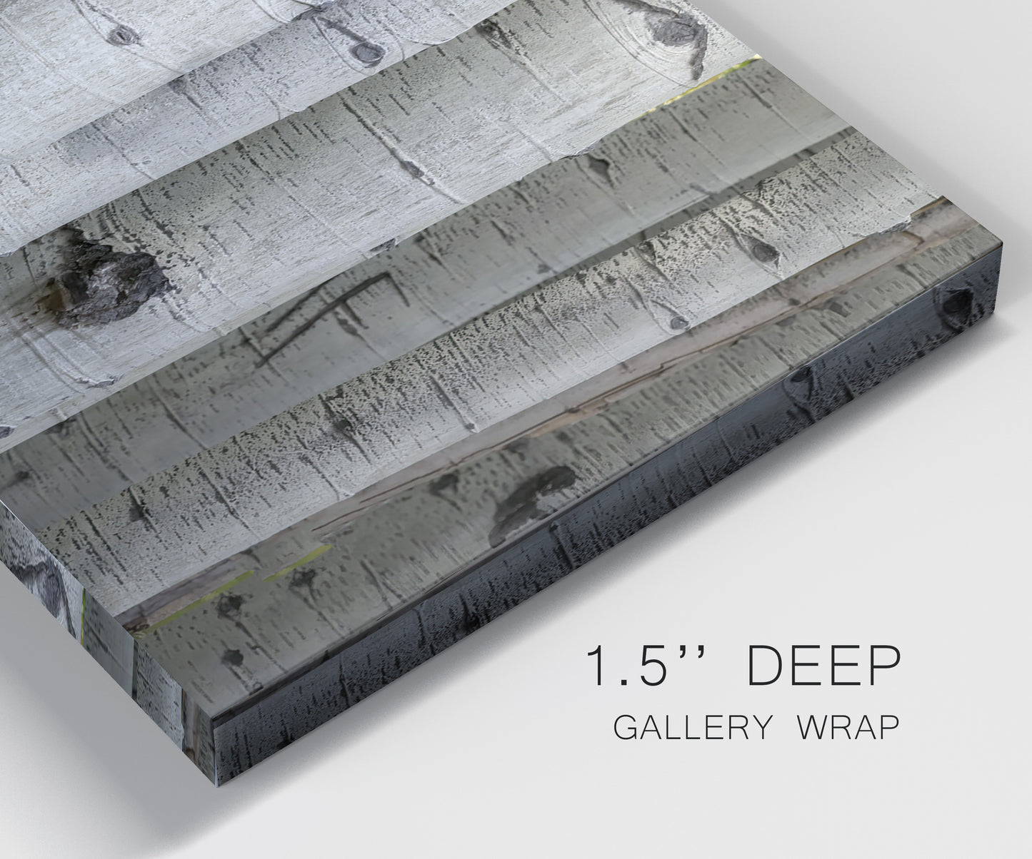 Close-up view of wrapped canvas corner featuring close up tree bark texture photograph.