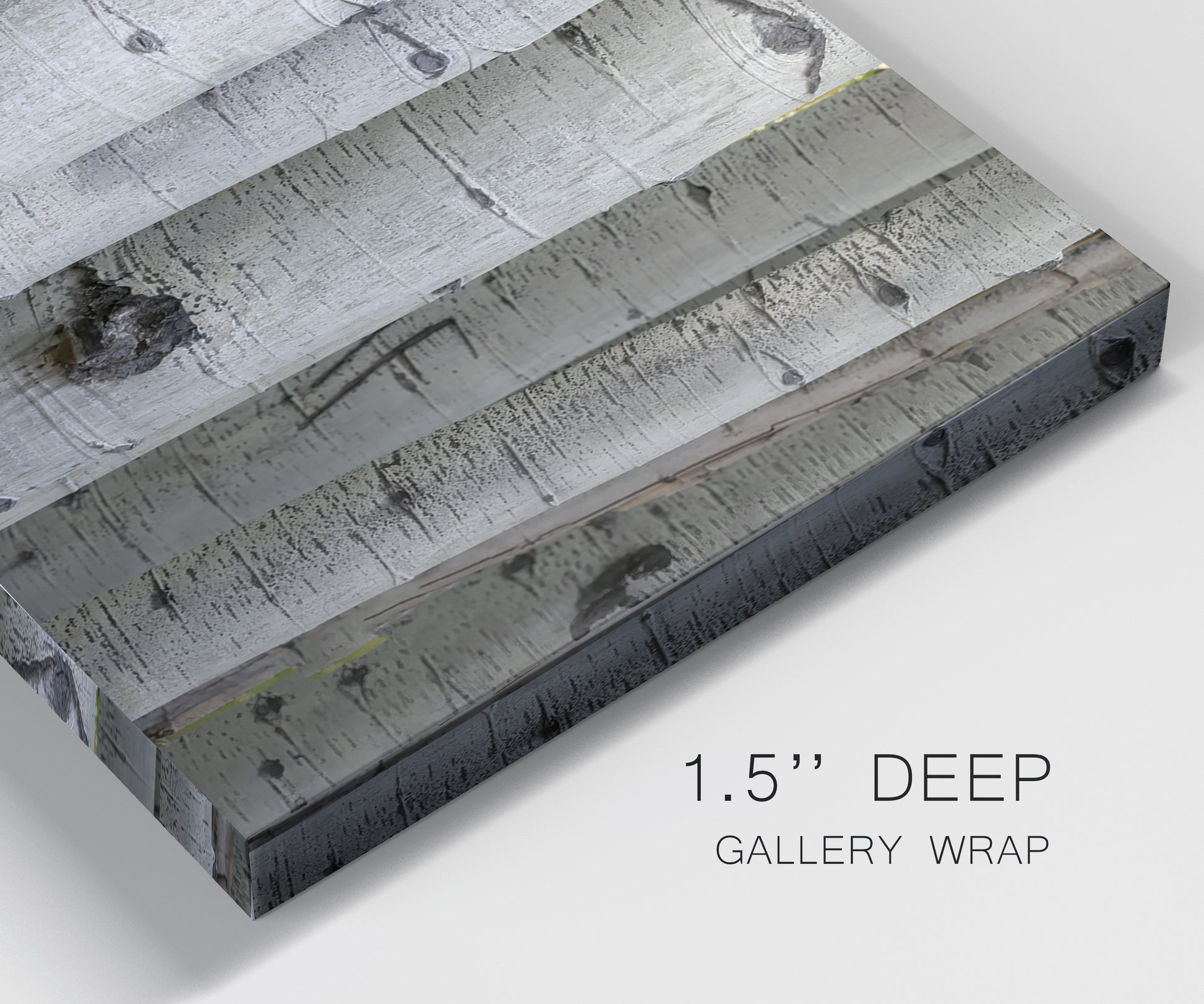 Close-up view of wrapped canvas corner featuring close up tree bark texture photograph.