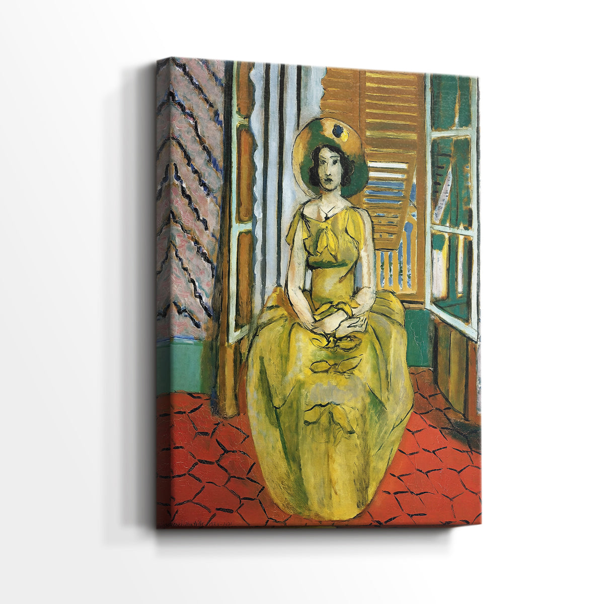 Side view of a canvas art print of a vivid composition with strong yellow accents and flat color, showing gallery-wrapped depth.