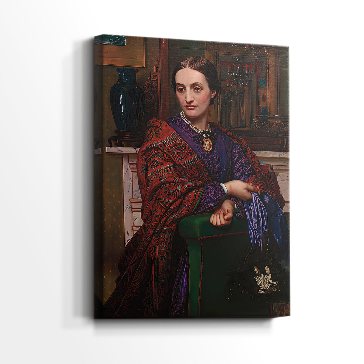 Side view of a canvas art print of a composed portrait with smooth shading and detail, showing gallery-wrapped depth.