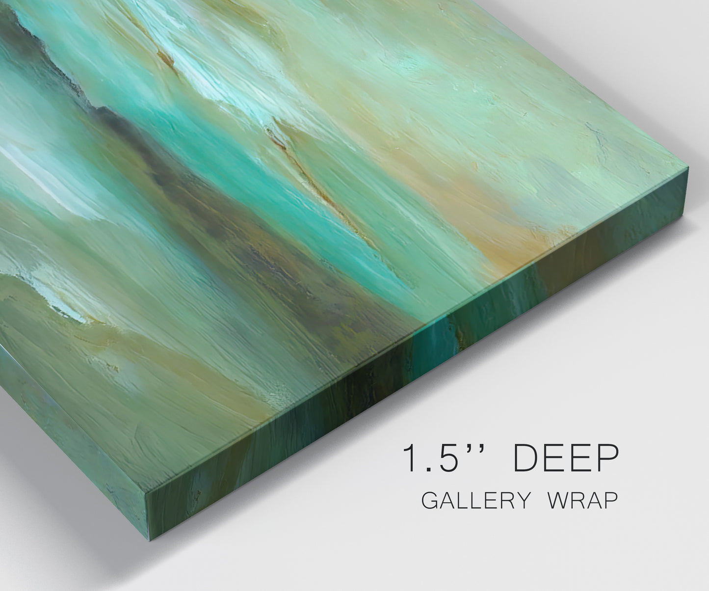 Close-up view of wrapped canvas corner featuring hidden coastal cove landscape.