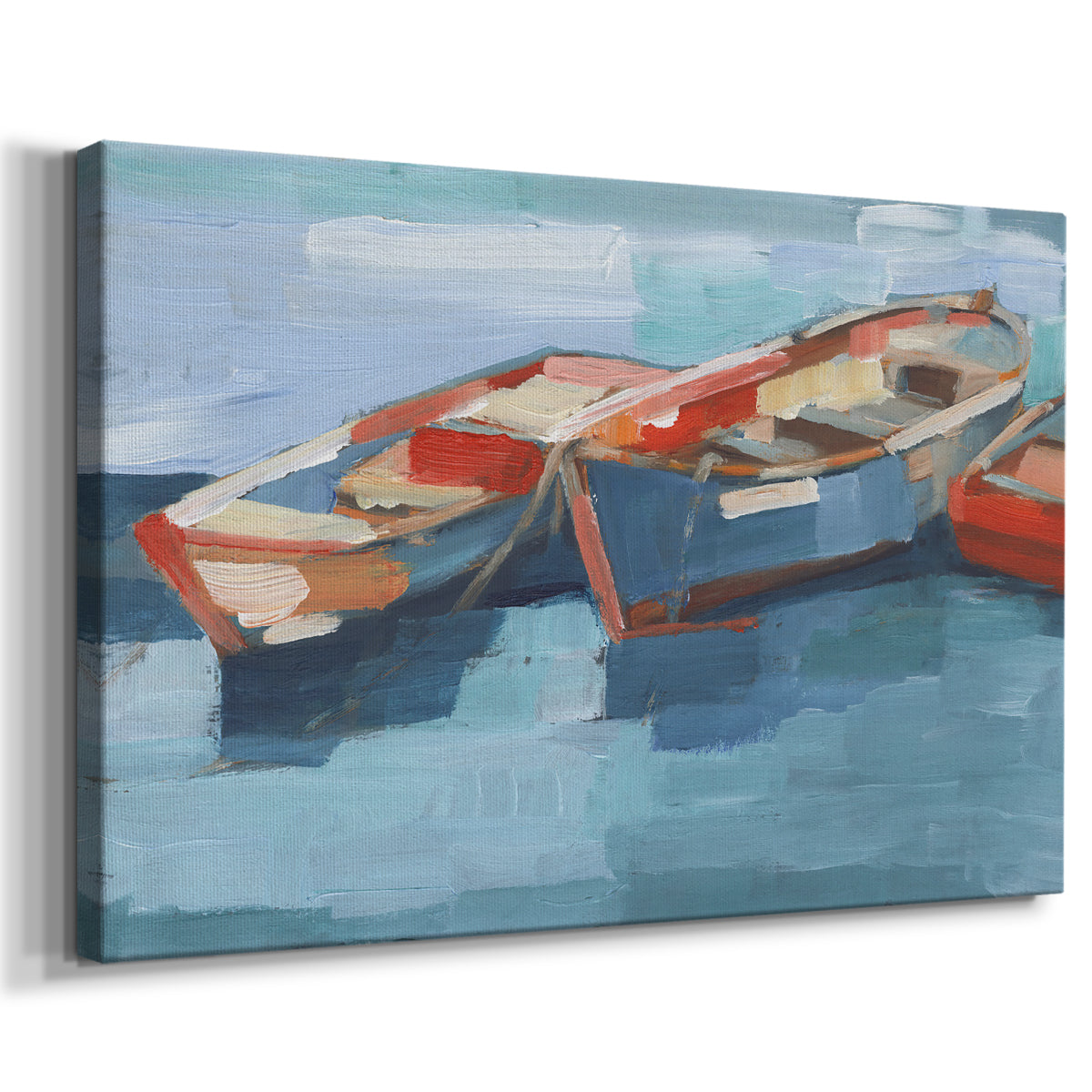 Colorful boats float calmly on the water, capturing a serene maritime atmosphere in a vibrant artistic style