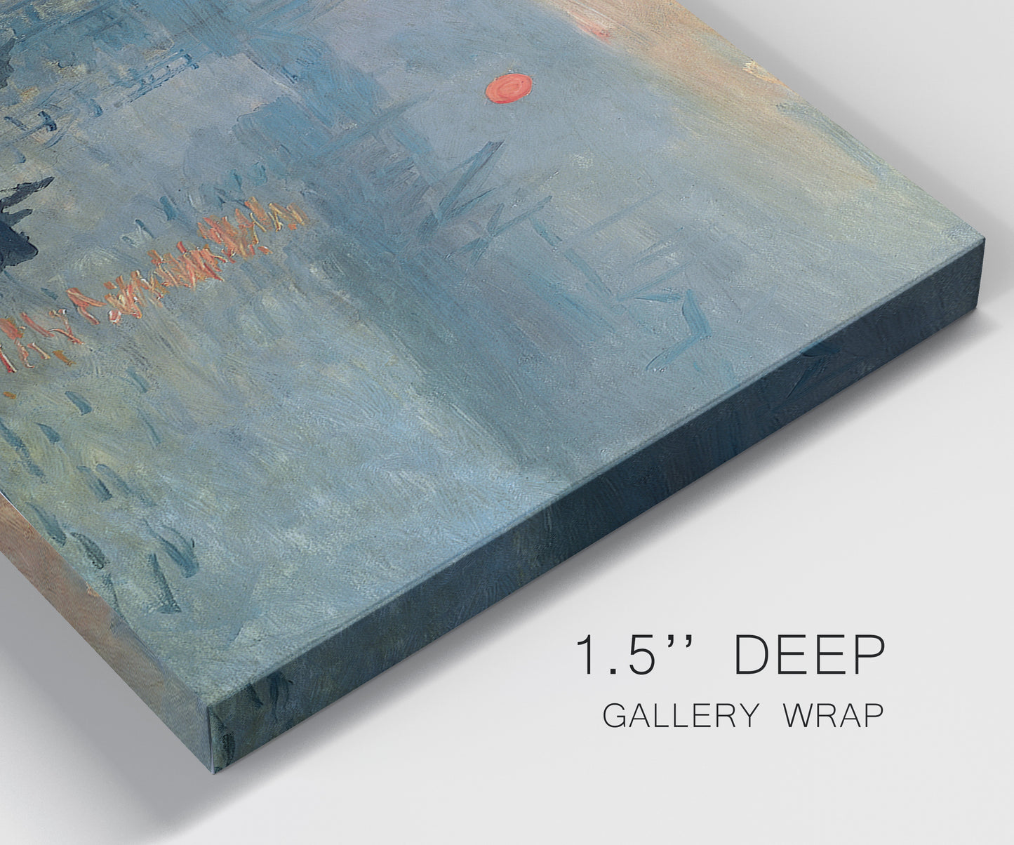Close-up view of wrapped canvas corner featuring misty harbor sunrise with boats.