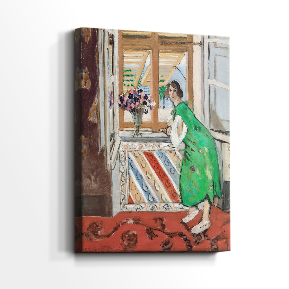 Side view of a canvas art print of a portrait with bold tones and simplified features, showing gallery-wrapped depth.