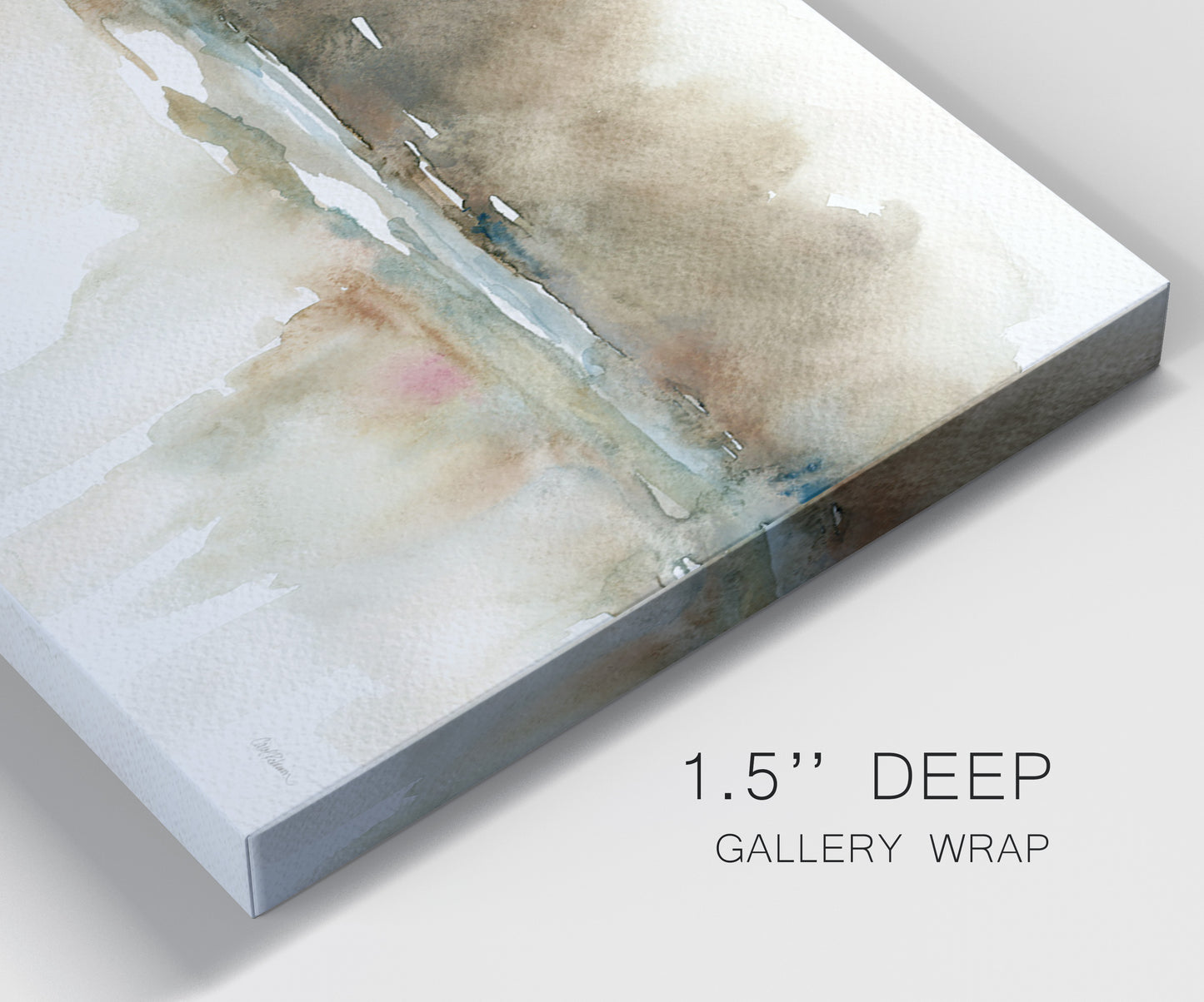 Close-up view of wrapped canvas corner featuring soft abstract mirrored reflections.