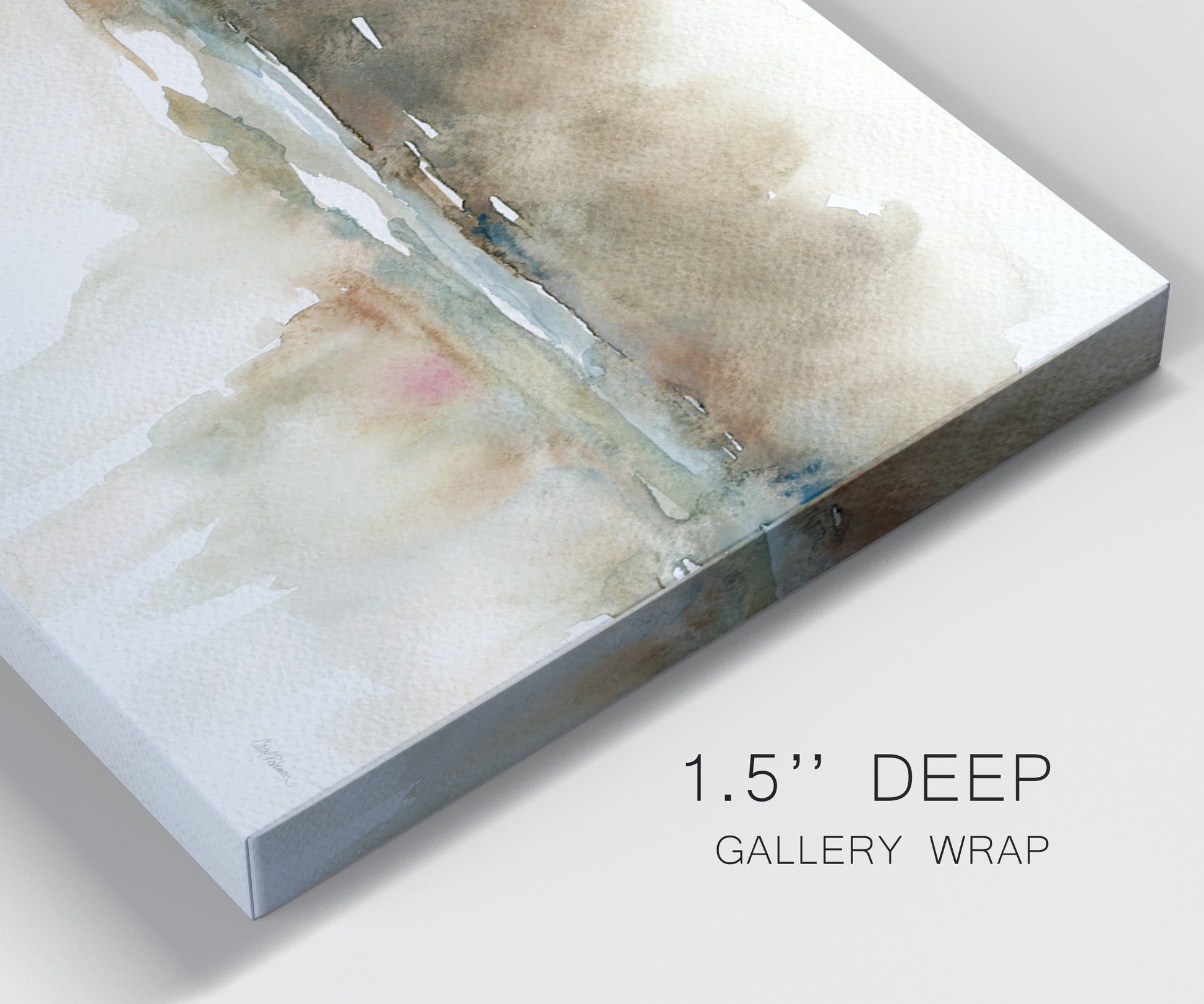 Close-up view of wrapped canvas corner featuring soft abstract mirrored reflections.
