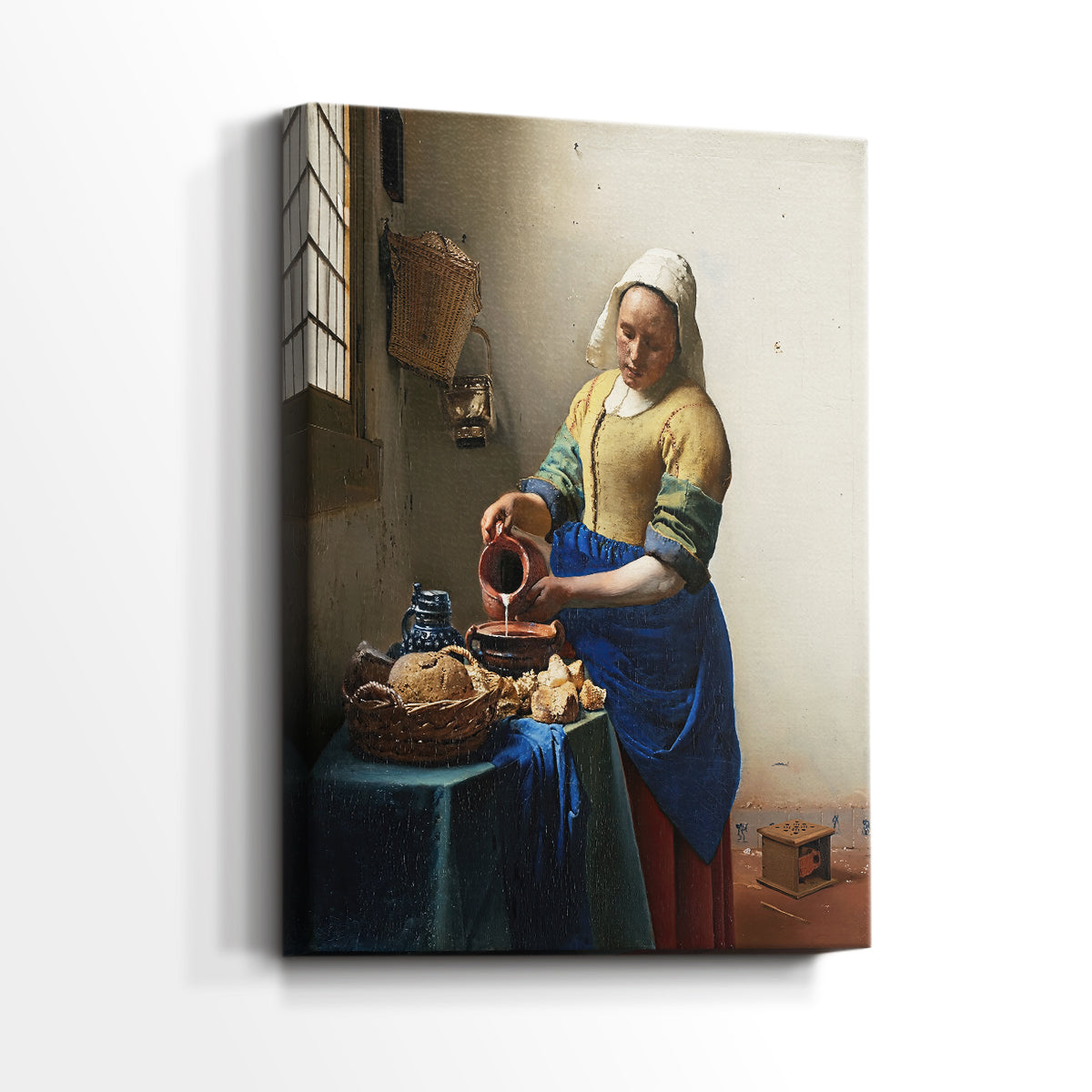 Side view of a canvas art print of a focused figure with warm tones and structured composition, showing gallery-wrapped depth.