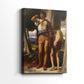 Side view of a canvas art print of a symbolic interaction with subtle gesture and detail, showing gallery-wrapped depth.