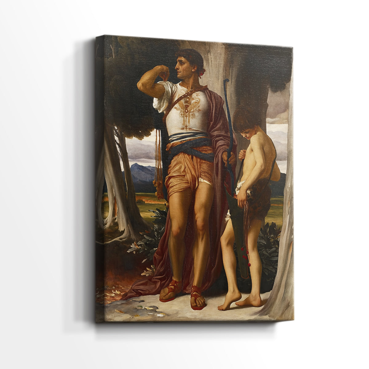 Side view of a canvas art print of a symbolic interaction with subtle gesture and detail, showing gallery-wrapped depth.