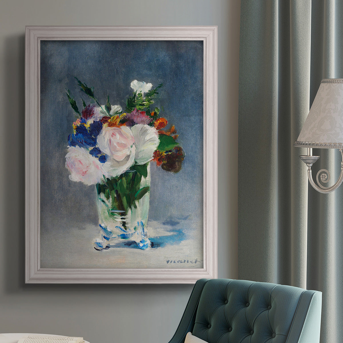 Impressionist floral still life painting by Claude Monet in an {frame_style_descriptor} displayed in a neutral interior setting.