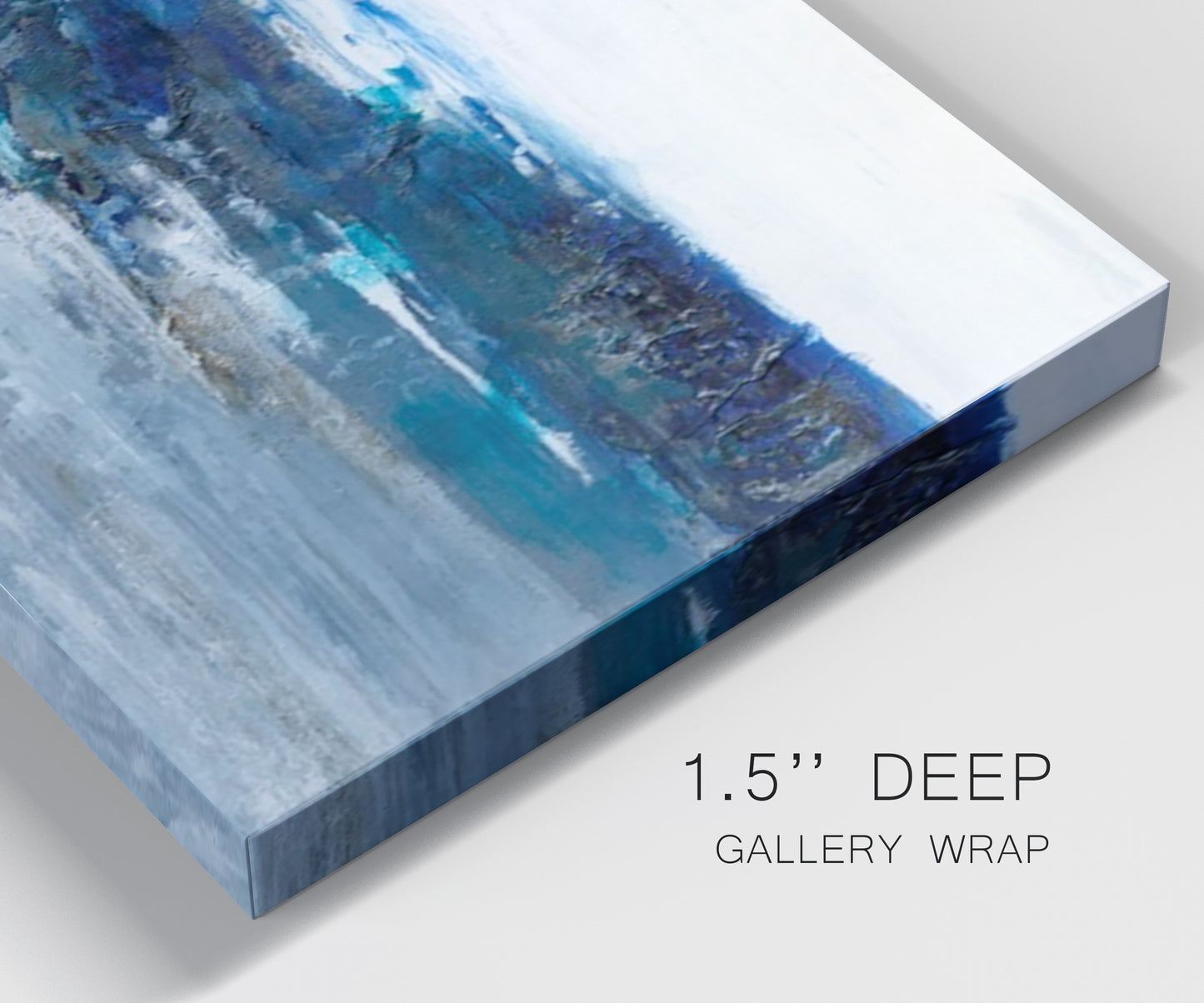 Close-up view of wrapped canvas corner featuring moody abstract sea with depth.