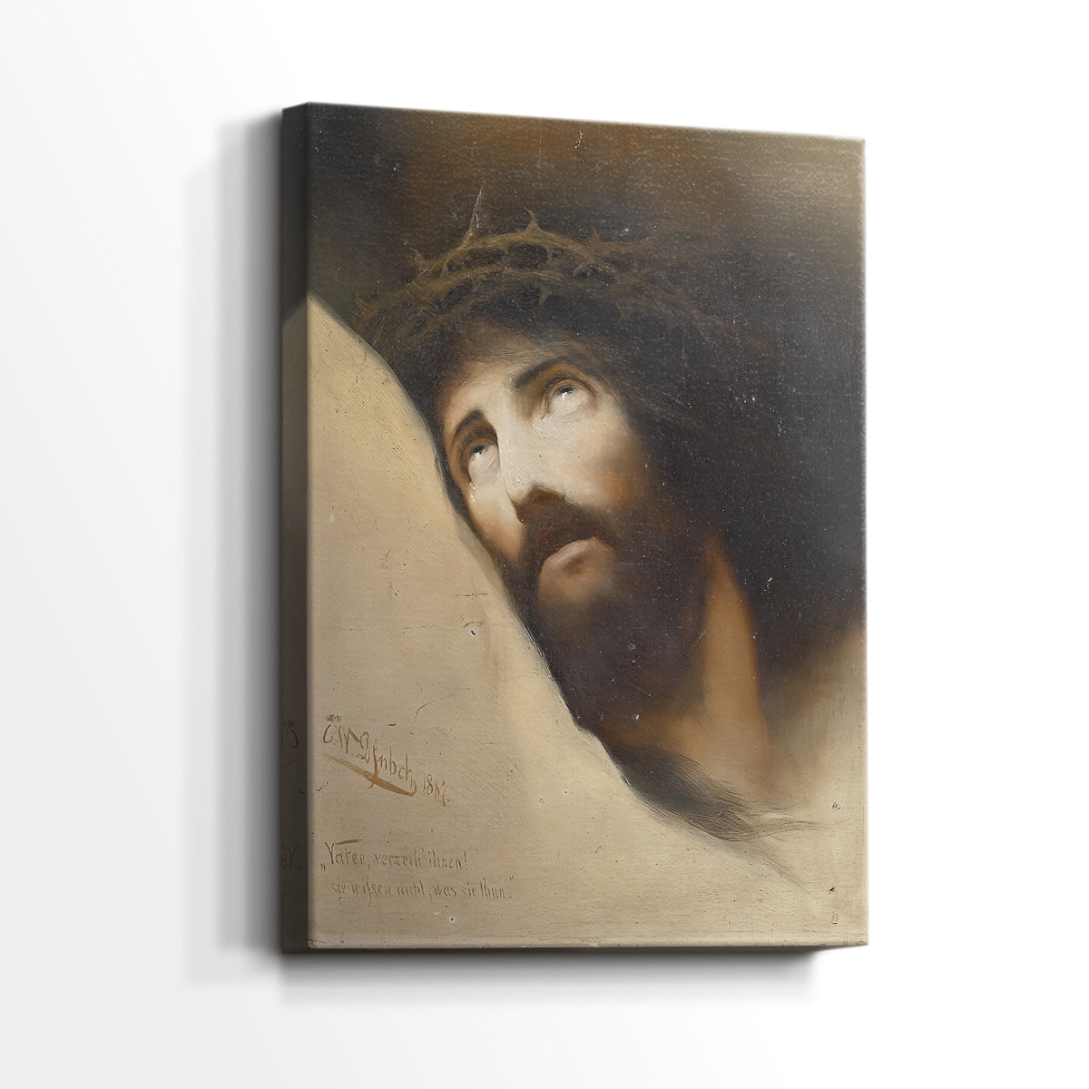 Side view of a canvas art print of a contemplative figure with subtle contrast and calm presence, showing gallery-wrapped depth.