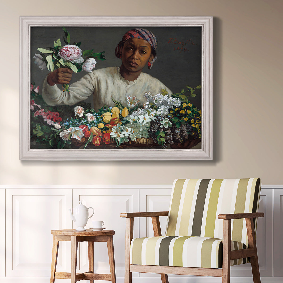 Traditional portrait of a woman holding peonies by Frédéric Bazille in an ornate weathered white frame displayed in a light-toned interior setting.