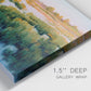Close-up view of wrapped canvas corner featuring pastoral marshland landscape.