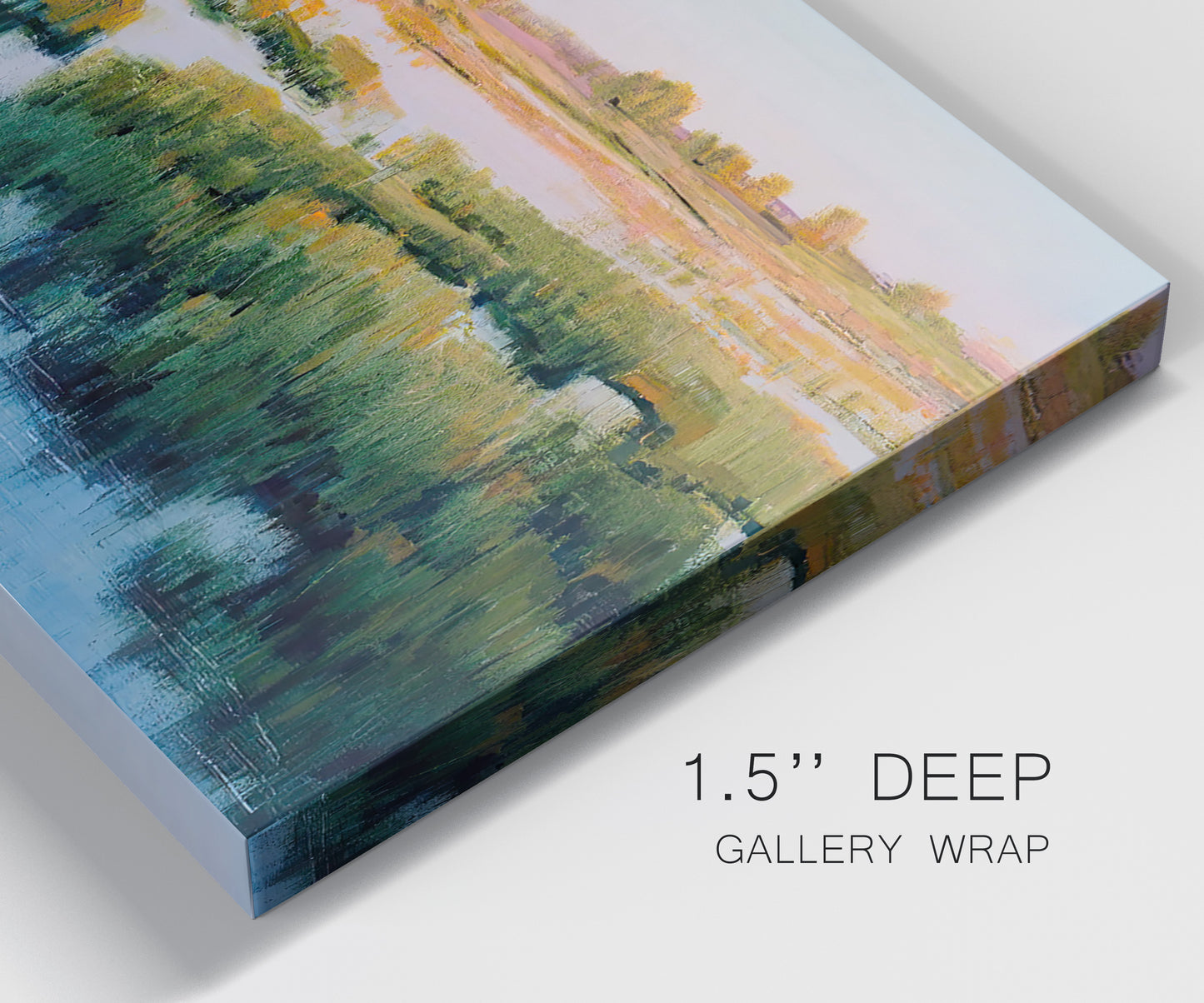 Close-up view of wrapped canvas corner featuring pastoral marshland landscape.