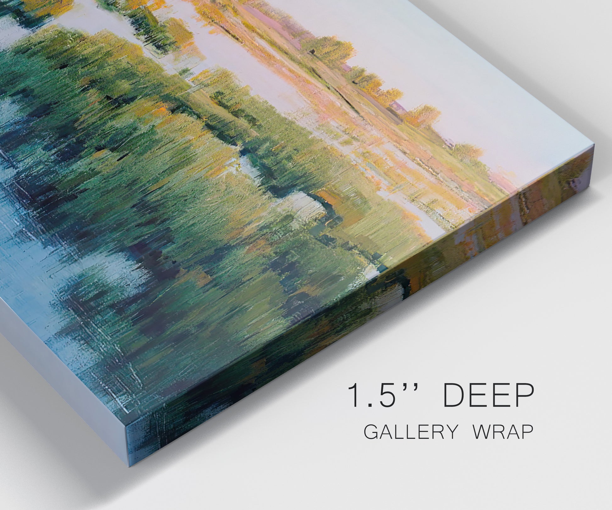Close-up view of wrapped canvas corner featuring pastoral marshland landscape.