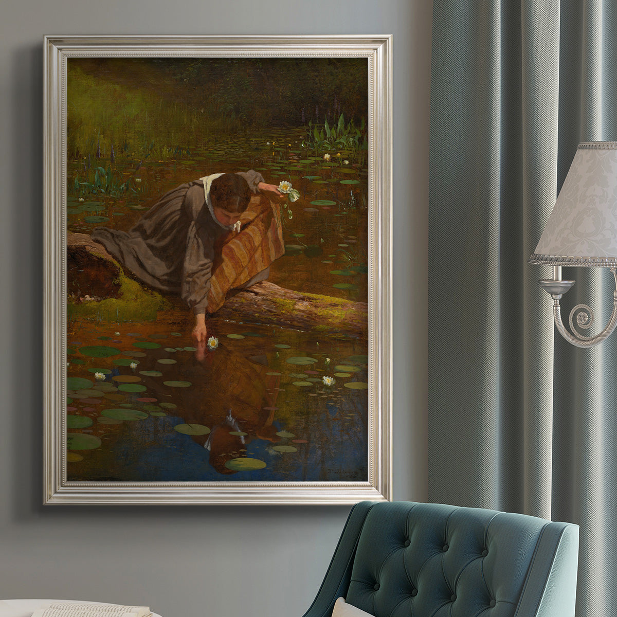Realist genre painting of figures gathering lilies by Eastman Johnson in an {frame_style_descriptor} displayed in a neutral interior setting.