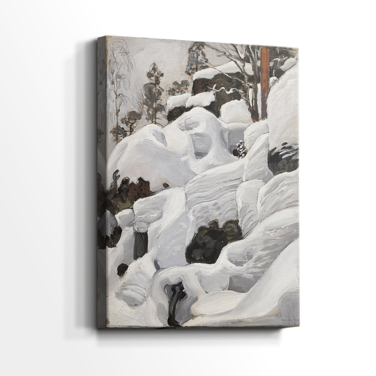 Side view of a canvas art print of a rugged snowy landscape with dense forest and natural formations, showing gallery-wrapped depth.