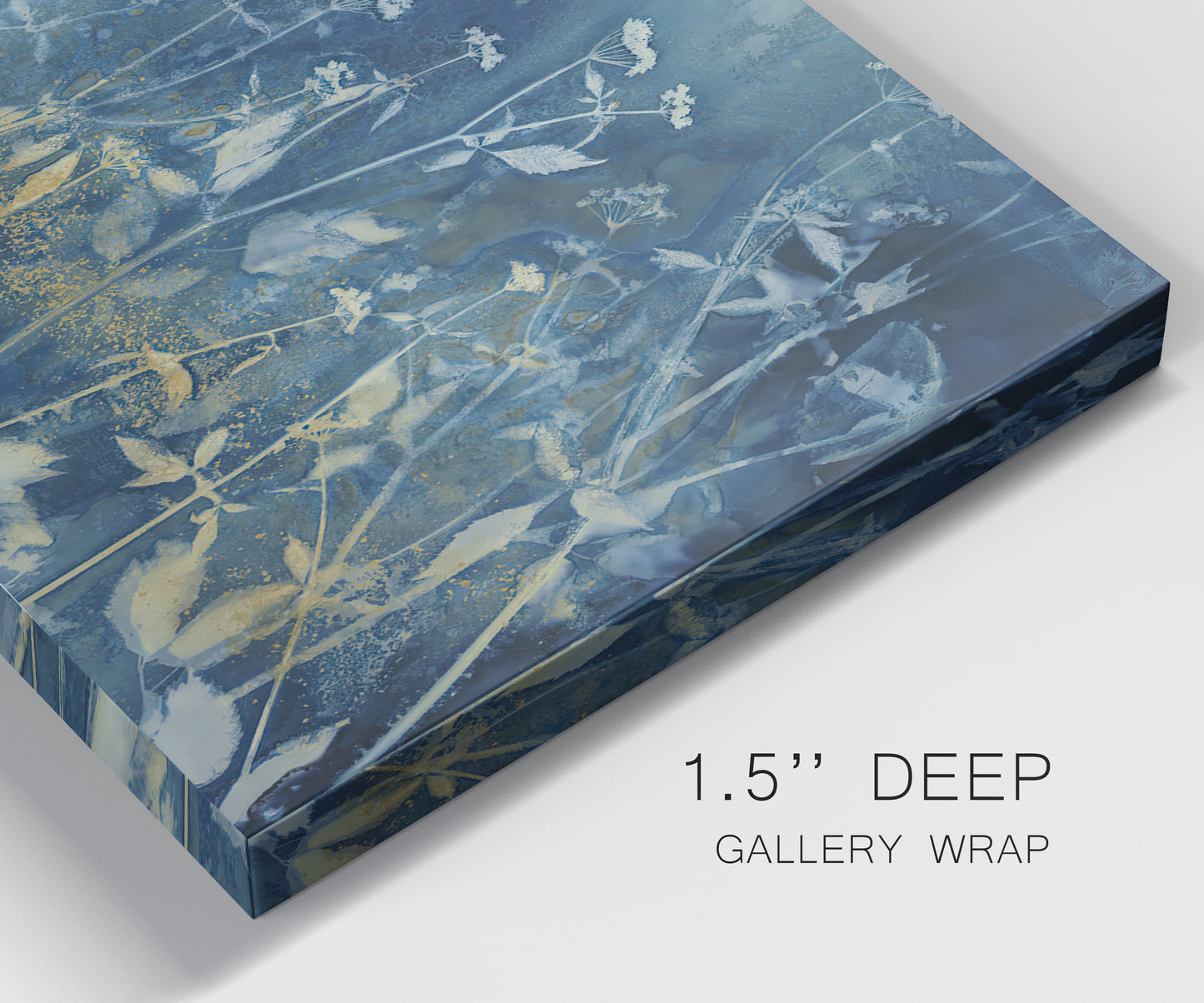 Close-up view of wrapped canvas corner featuring dark abstract with rich tonal depth.