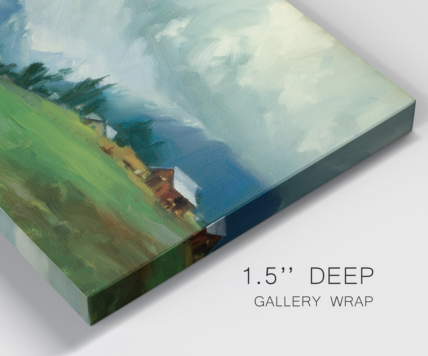 Close-up view of wrapped canvas corner featuring wide pastoral valley landscape.