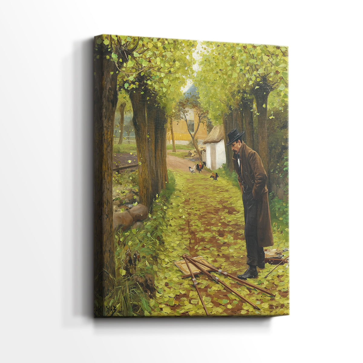 Side view of a canvas art print of a calm landscape with a solitary artist and soft light, showing gallery-wrapped depth.