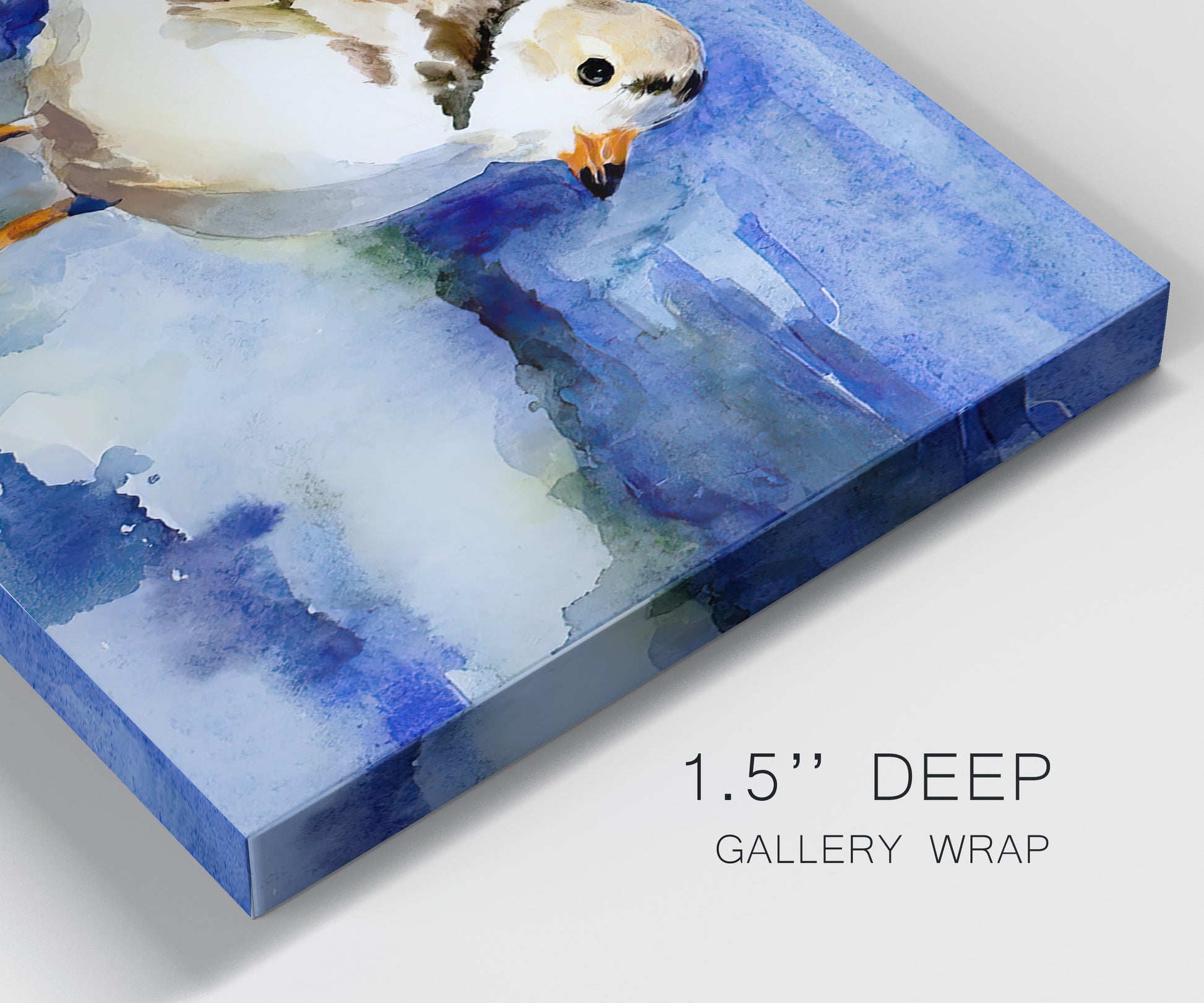 Close-up view of wrapped canvas corner featuring shorebirds standing in shallow water.
