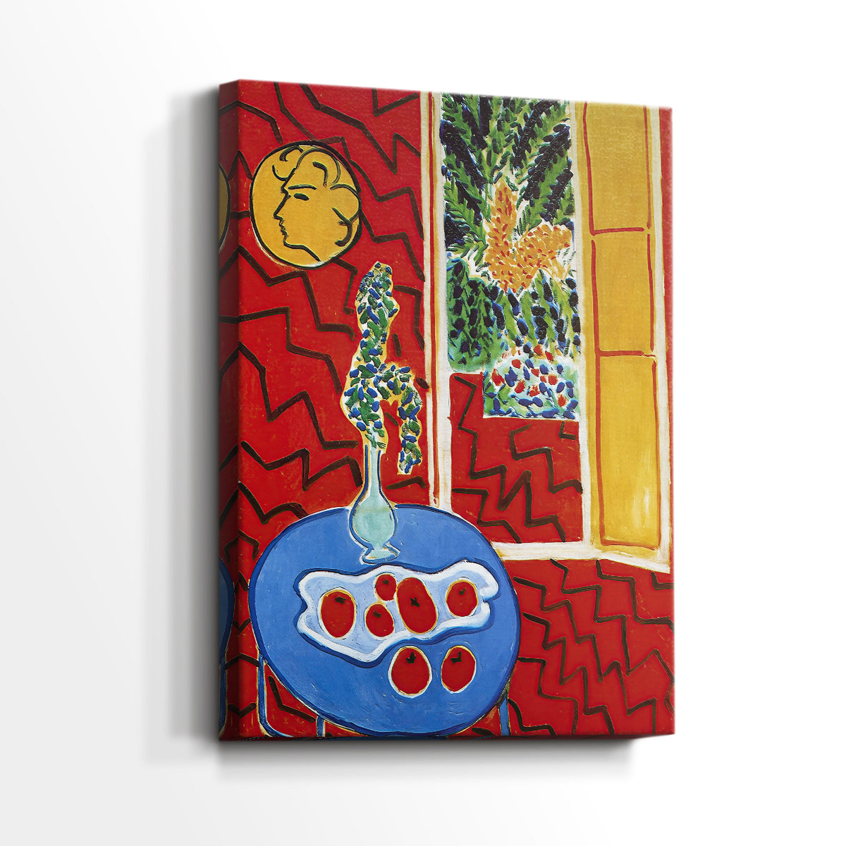 Side view of a canvas art print of a stylized interior with objects and layered patterns, showing gallery-wrapped depth.