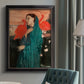 Impressionist portrait of a young woman with an ibis by Edgar Degas in an {frame_style_descriptor} displayed in a neutral interior setting.