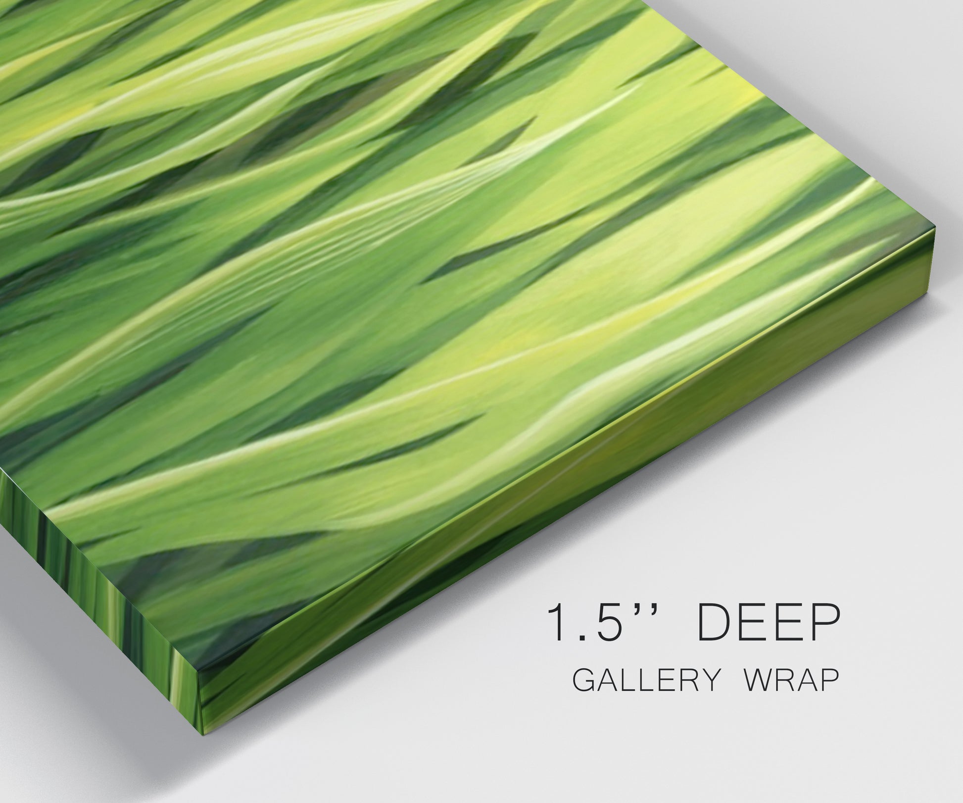 Close-up view of wrapped canvas corner featuring close view of tall green grass blades.