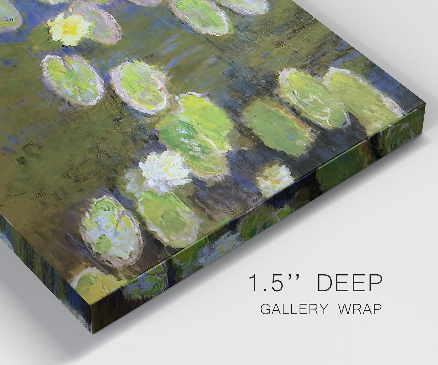 Close-up view of wrapped canvas corner featuring yellow and white water lilies.