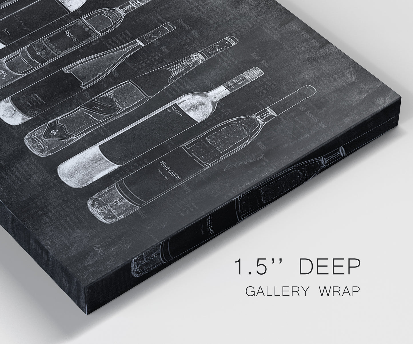 Close-up view of wrapped canvas corner featuring illustrated wine bottle cellar diagram.