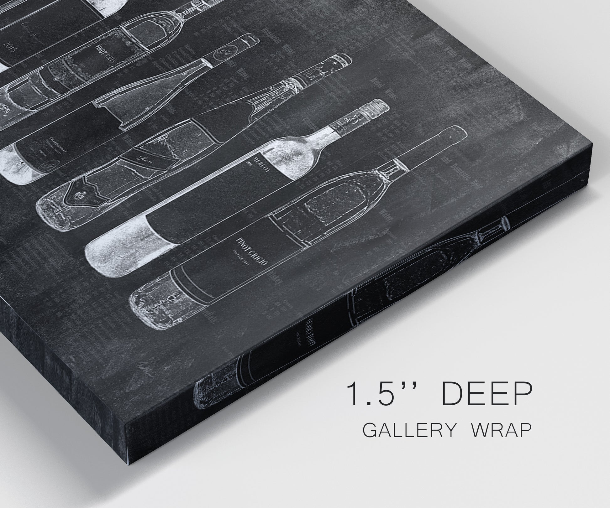Close-up view of wrapped canvas corner featuring illustrated wine bottle cellar diagram.