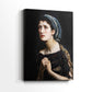 Side view of a canvas art print of a narrative portrait with rich tones and focused gaze, showing gallery-wrapped depth.